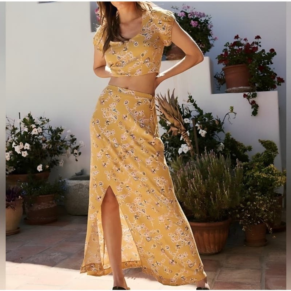 Free People Talia Two Piece Set in Turmeric Small Skirt Top Floral Drawstring